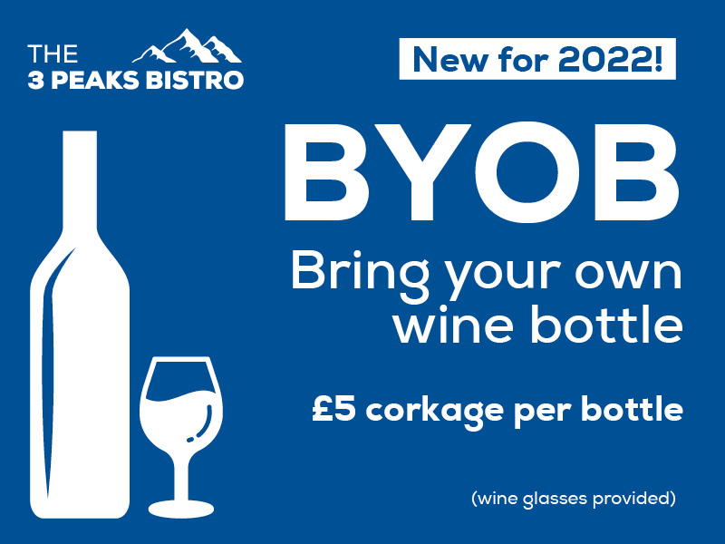 BYOB flyer - 3 Peaks Bistro - Food & Drink Menus alt