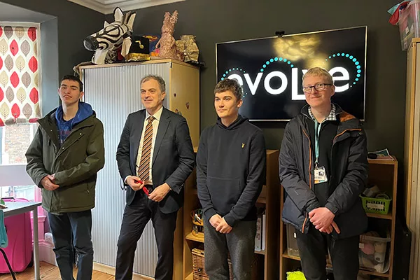 Evolve student Alex Woolmer, Julian Smith MP, Evolve students Reece Pidd and Rory Hall